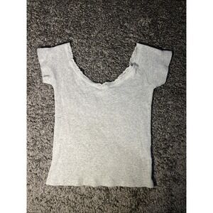 J Halt Lace Trimmed V-Neck Ribbed Cotton Short Sleeved Shirt Grey No Size